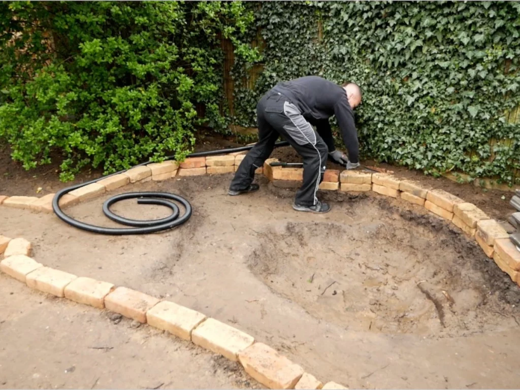 Verlegung des Schlauchs vom Teich zur Wasserfallkaskade
