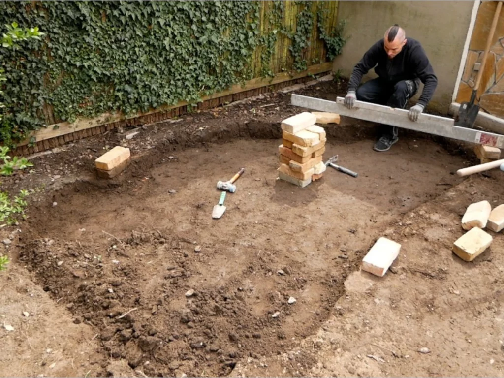 Umrandung des Teichs mit Wasserwaage ausrichten