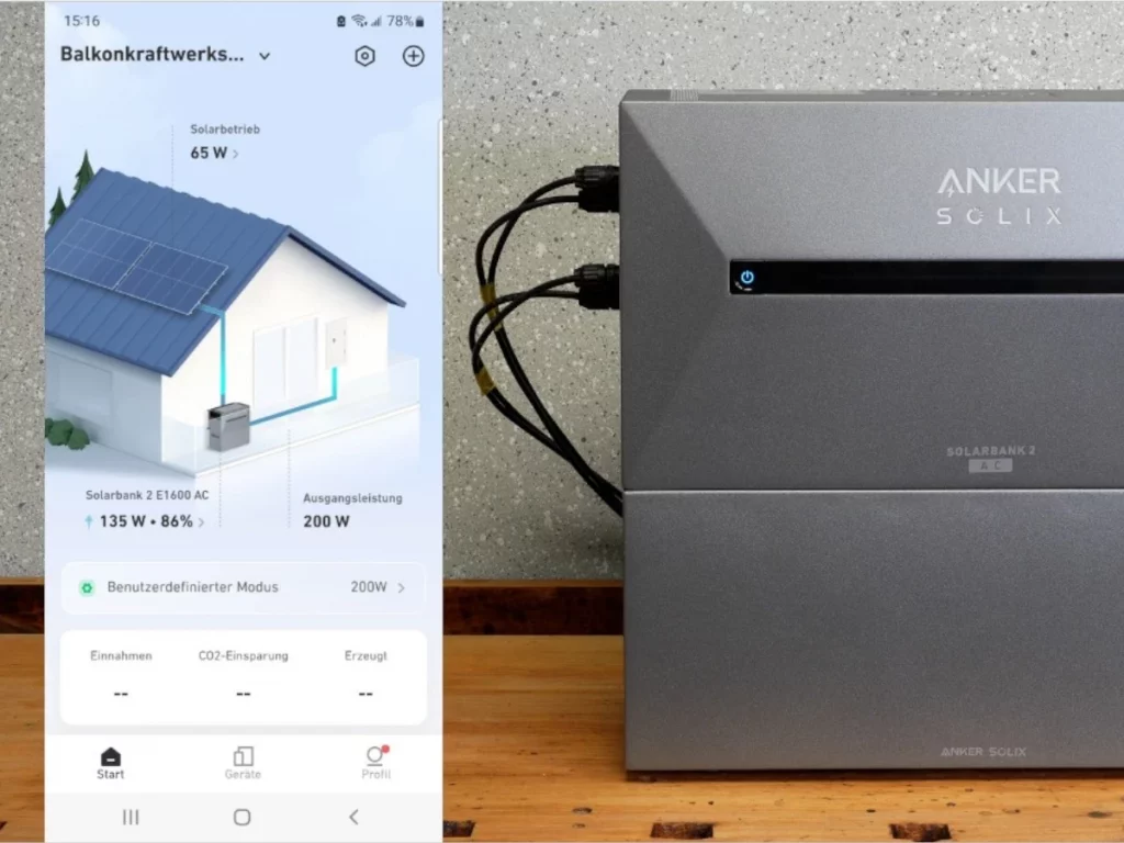Anker App Dashboard zeigt Stromfluss und Akkustatus der Solaranlage